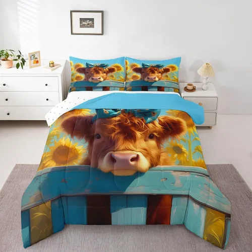 Miniatura 15 de Erosebridal Highland Cow - Juego de edredón tamaño matrimonial, juego de ropa de cama de toro de cuerno largo occidental para niños y adultos, Verde