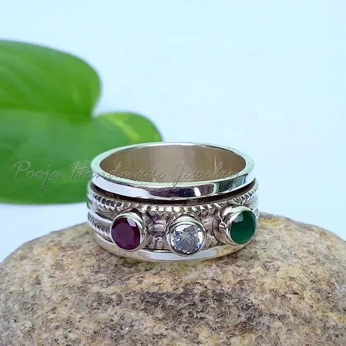 Miniatura 3 de Multi Gemstone Spinner Ring, Anxiety Ring, Ruby Band Ring, 925 Sterling Silver Band, Spinner Ring For Women, Gift Ring For Mother's Day, Fidget