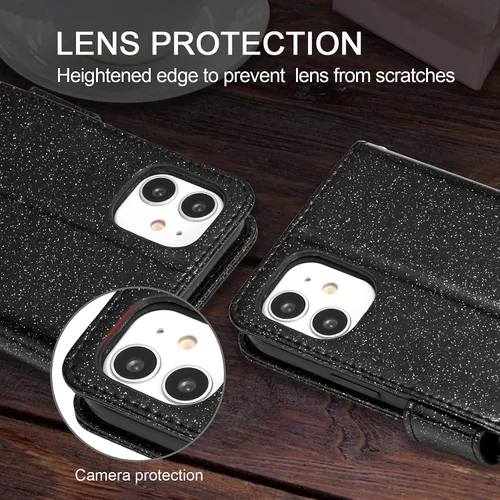 Miniatura 6 de UEEBAI Funda tipo cartera para iPhone 11, funda de piel sintética con purpurina para teléfono, ranuras para tarjetas, funda con función atril