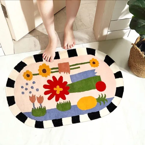 Miniatura 2 de Alfombra de baño ovalada de 16 x 24 pulgadas, tapete absorbente lavable de dibujos animados para niños, tapete suave de cachemira sintética a rayas