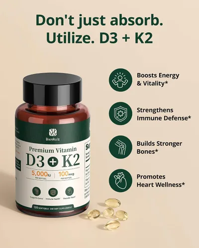 Miniatura 5 de Vitamina D3 K2 5000IU 100mcg MK-7, 120 cápsulas blandas, sin gluten, suplemento de vitamina K2 D3 2 en 1 para la salud ósea y cardíaca, apoyo