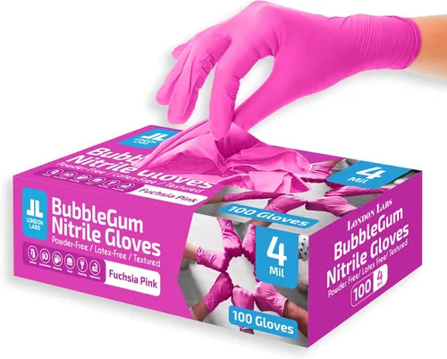 London Labs 4 mil guantes de nitrilo rosa fucsia, desechables, sin látex y sin polvo, resistentes a productos químicos, guantes de goma rosa