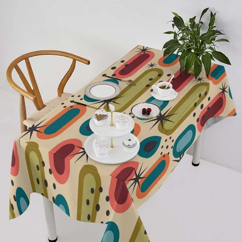 Miniatura 61 de Mantel retro moderno de mediados de siglo, diseño de colores retro de los años 50, resistente al agua, mantel lavable para cocina, comedor, fiesta