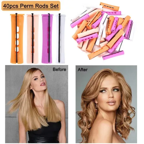 Miniatura 5 de Juego de 40 varillas permanentes para cabello natural, 4 tamaños, rodillos de ondas frías para mujeres, rizadores de cabello largo, mediano