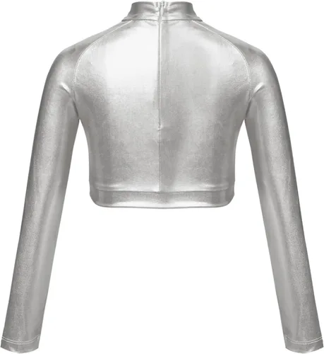 Miniatura 2 de JEATHA Camiseta corta de manga larga con lentejuelas brillantes para niños y niñas, con cuello alto falso, camisetas atléticas de jazz hip-hop