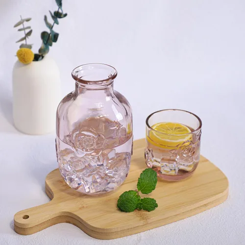 Miniatura 5 de Sizikato Jarra de agua de noche de 15 onzas de cristal rosa en relieve rosa con vaso de cristal. Rosa rosado