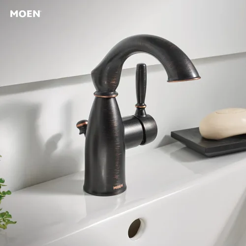 Miniatura 7 de Moen Sarona Bronce Mediterráneo de un solo mango y un solo agujero grifo de lavabo de baño rústico de estilo granja con placa de cubierta opcional