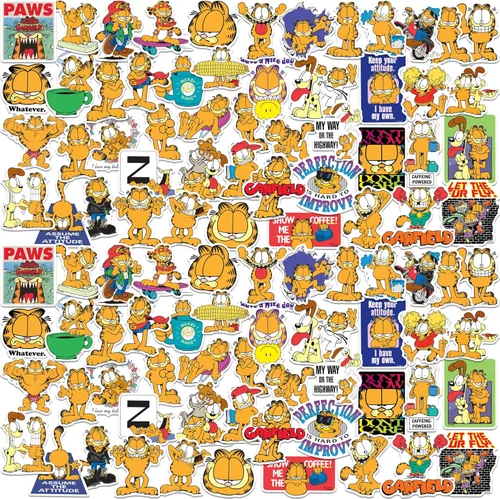 Garfield - Paquete variado de 100 calcomanías de vinilo troqueladas, calcomanías clásicas de personajes de cómics para laptop, botella de agua,