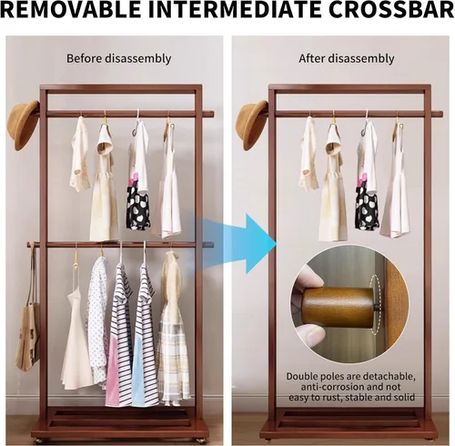 Miniatura 7 de Perchero de madera maciza con ruedas, estante extraíble de doble barra con estante inferior, organizador de ropa independiente, estante portátil