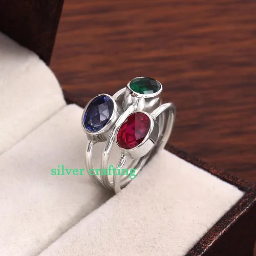 Miniatura 2 de Zafiro azul - Esmeralda - Anillo de plata con piedras preciosas de rubí Anillo de 3 piedras Joyería de plata creativa
