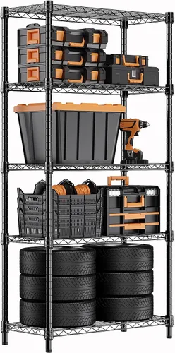 Miniatura 53 de M MZG Estantería de almacenamiento de 5 estantes, estantería de alambre de metal resistente, estantería de almacenamiento ajustable para garaje
