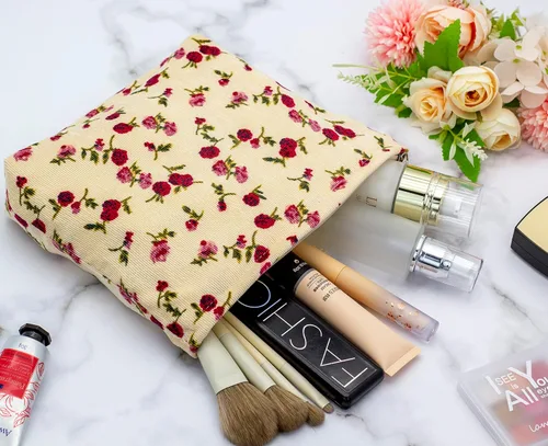 Miniatura 5 de Pazimiik Bolsa de maquillaje grande con cremallera, de pana, para bolso de viaje, organizador de cosméticos para mujeres, almacenamiento de Vintage
