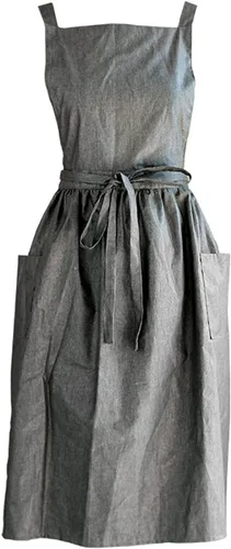 Miniatura 2 de Delantal de lino de algodón con espalda cruzada, delantal vintage para mujer, con 2 bolsillos para cocinar, pintura, jardinería Plata Gris