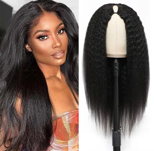 Miniatura 9 de Peluca de cabello humano liso rizado con parte en V para mujeres negras, densidad del 180%, peluca mejorada con parte en U, sin pegamento, sin