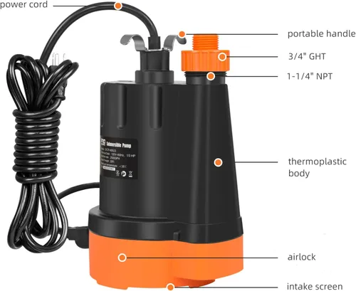 Miniatura 2 de Bomba de agua sumergible, 1/3 HP 2500 GPH Bomba de drenaje de agua limpia eléctrica portátil para drenaje de piscinas, inundaciones, piscina y sótano