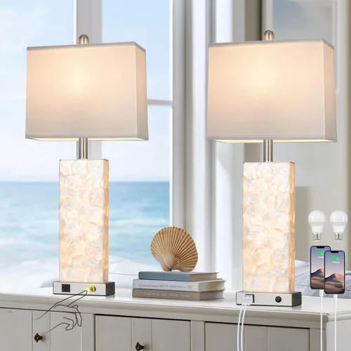 Miniatura 15 de Lámparas de mesa costeras de 28 pulgadas para sala de estar, lámparas de noche con luz nocturna, puertos USB A+C, moderna concha de mar