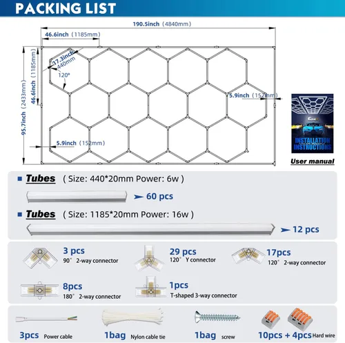 Miniatura 8 de Luces LED hexagonales de garaje, 6500 K regulables, brillo ajustable, luces hexagonales de gimnasio para coche/lavado de autos