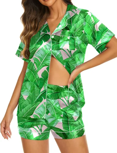 Miniatura 7 de Ekouaer Pijamas de seda para mujer, ropa de dormir de manga corta, suave, con botones, ropa de descanso, 2 piezas, pijama de satén, conjunto