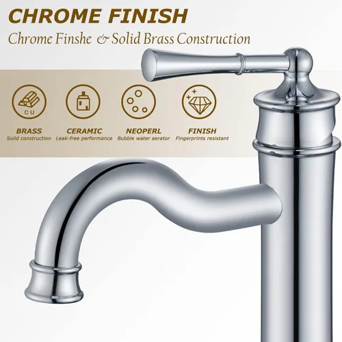Miniatura 4 de Grifo para Lavabo de Recipiente Cromado Grifo Alto de Baño de Un Solo Agujero Montaje en Cubierta Ensamblaje de Desagüe Pop-up Sin Desbordamiento
