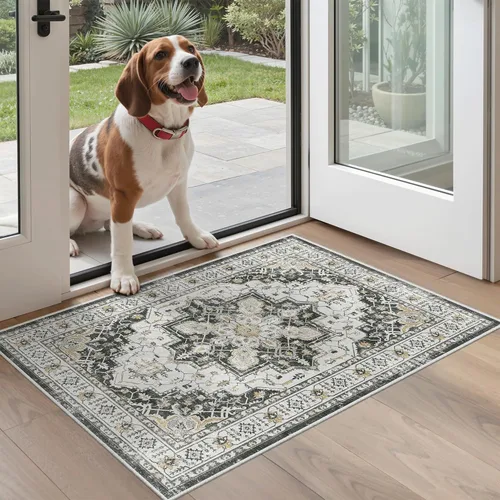Miniatura 38 de Madane Alfombra lavable de 2 x 3 pies, alfombra de entrada pequeña, antideslizante, vintage, para entrada interior, alfombra de pelo bajo