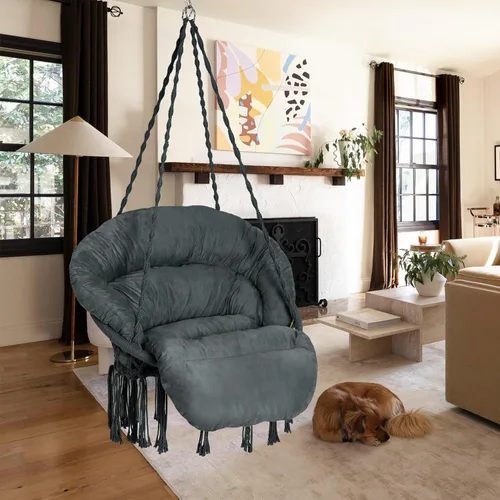 Miniatura 3 de Silla hamaca con cojín, silla columpio de macramé hecha a mano con kits de herrajes para colgar, silla colgante de cuerda de algodón estilo bohemio