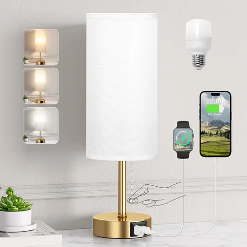 Miniatura 10 de Juego de 2 lámparas de noche grises para dormitorio, lámpara de mesa de noche con puerto de carga USB A + C, 3 temperaturas de color, cadena