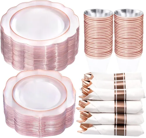 NOCCUR 350 platos de plástico color oro rosa, juego de vajilla desechable de oro rosa transparente, incluye 100 platos de cena/postre, 50 tazas, 50