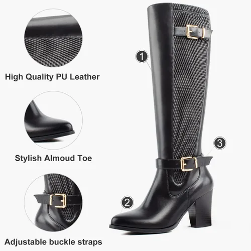 Miniatura 4 de Botas altas hasta la rodilla para mujer, tacón grueso, puntera completa, con cremallera lateral completa