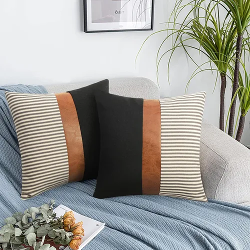 Miniatura 2 de Cygnus - Juego de 2 fundas de almohada de 16 x 16 pulgadas hechas de lino y de la unión de distintas telas con diseño de rayas para decoración Negro