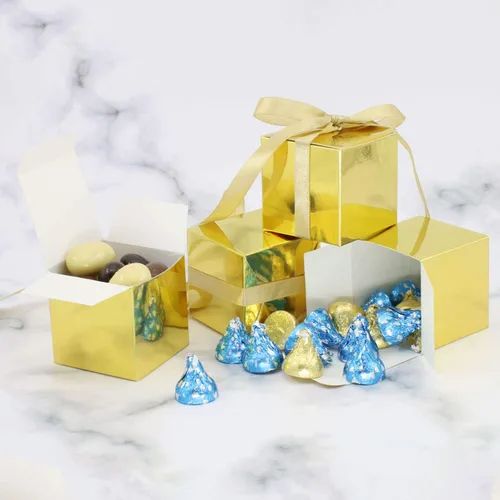 Miniatura 3 de KPOSIYA - 100 cajas para regalo, cajas para dulces de 2x2x2 pulgadas, cajas de regalo doradas con lazos para decoración de boda, baby shower, dorado