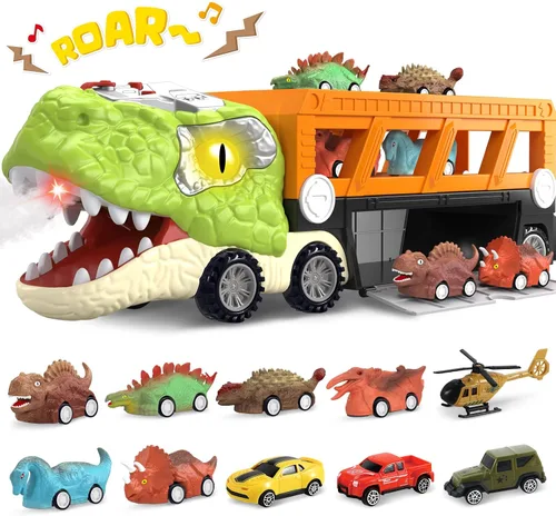 SpringFlower Juguetes de dinosaurio 11 en 1, juguetes de dinosaurio para niños de 3 a 5 años, camión de dinosaurios con 10 autos de tracción hacia
