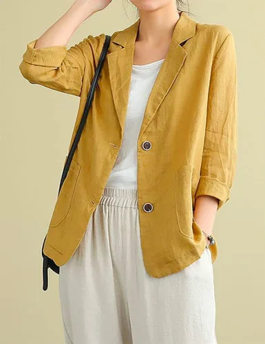Miniatura 2 de IDEALSANXUN Blazer de lino de algodón para mujer, chaqueta casual suelta de manga larga