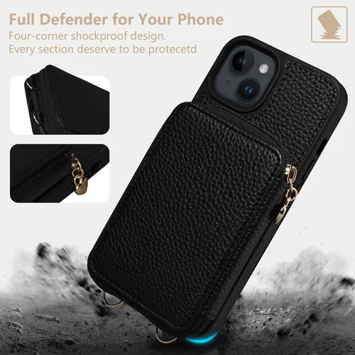 Miniatura 7 de Funda compatible con iPhone 15 de 6.1 pulgadas, cremallera cruzada con ranuras para tarjetas de bloqueo RFID, soporte, cordón y correa de mano