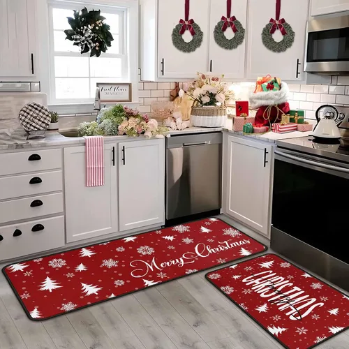 Miniatura 8 de Juego de 2 alfombras y tapetes de cocina de Navidad, decoraciones navideñas para el hogar, parte trasera antideslizante, tapete de cocina de Copo