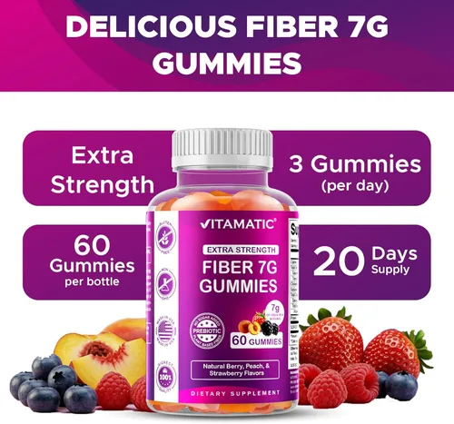 Miniatura 4 de Vitamatic Gomitas de fibra prebiótica para adultos – 7g de fibra por porción – 60 gomitas a base de pectina de fuerza extra, sin azúcar añadida