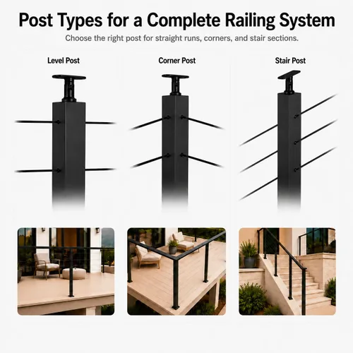 Miniatura 6 de 1 poste de barandilla de cable de 36 x 2 x 2 pulgadas, acabado negro de acero inoxidable, para escaleras y pasamanos de cubierta, se puede instalar