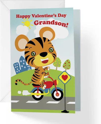 Tarjetas del día de San Valentín para nieto, nieto o niño con sobre, lindo tigre en bicicleta, libro para colorear de dibujos animados, tarjeta de