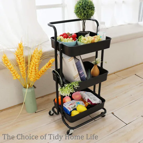 Miniatura 3 de Carrito utilitario de 3 niveles con ruedas multifuncional, organizador de estante con asa y ruedas bloqueables para el hogar, cocina, baño, Negro