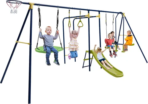 GLACER Juego de columpios 7 en 1 para niños con 2 columpios, tobogán, divertido planeador, anillos de gimnasio, barras de mono, aro de baloncesto,