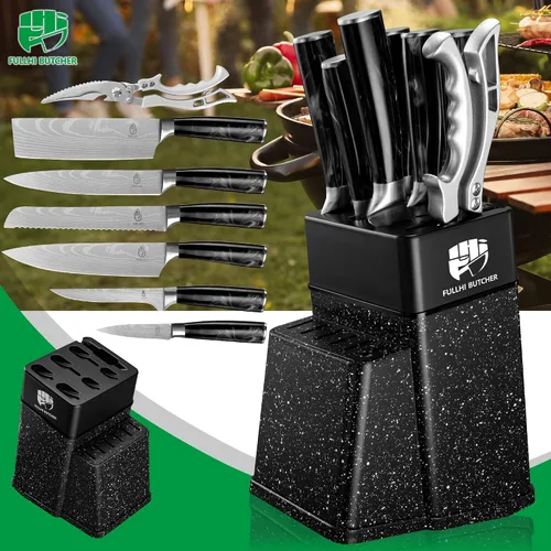 Miniatura 8 de FULLHI Juego de 8 piezas de bloque de cuchillos, juego de cuchillos de chef con bloque y afilador, juego de cuchillos de cocina, mango multicolor