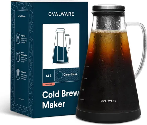 Máquina de café helado, hermética e infusor de té con boquilla. 1.0L. Ovalware RJ3 jarra de vidrio para elaboración con filtro de acero inoxidable