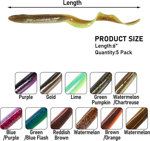 Miniatura 3 de Dr.Fish Paquete de 5 señuelos de anguila de arena suave de agua salada de 6 pulgadas, 3/8 onzas, cebo de gusano de natación, señuelos de pesca