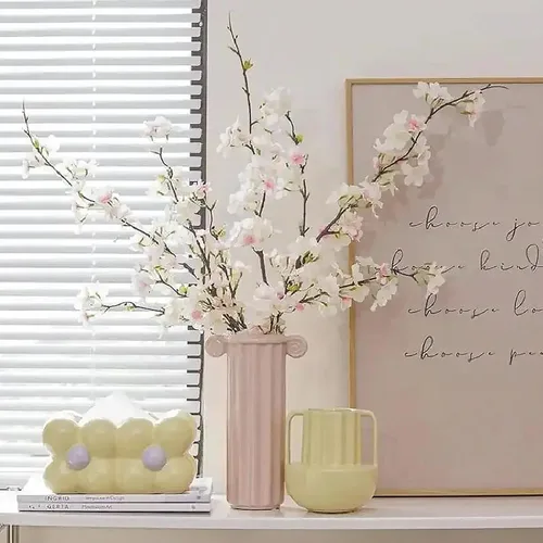Miniatura 10 de 6 ramas artificiales de cerezo de seda de cerezo sintético, tallos altos, flores artificiales para florero, boda, decoración del hogar (blanco)