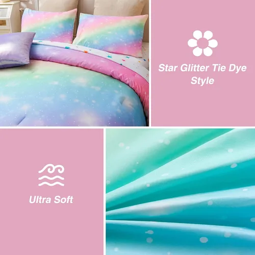 Miniatura 5 de A Nice Night Juego de ropa de cama de 6 piezas con purpurina degradada para niñas, juego de edredón colorido de galaxia arco iris, juegos de ropa
