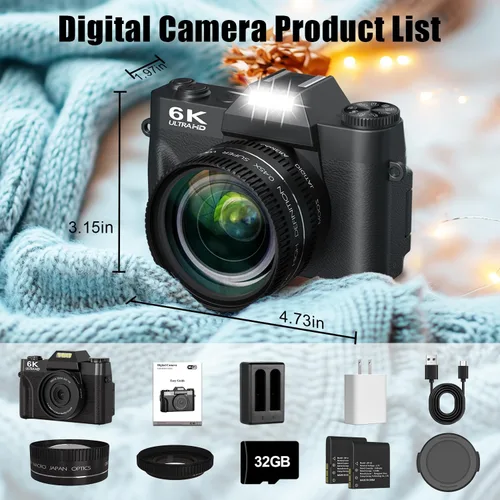 Miniatura 6 de Cámara Digital 6K para Fotografía, Cámara de Vlogging de 64MP para YouTube con Pantalla Abatible de 3" 180°, Zoom 16X con Enfoque Automático Cámaras