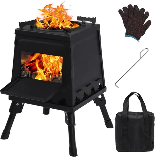Miniatura 9 de Estufa de Campamento de Quema de Madera Lineslife, Estufa de Camping de Hierro Fundido Portátil, Estufa de Leña Negra con Estuche de Transporte