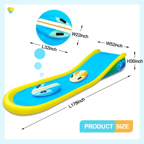 Miniatura 3 de Tobogán acuático inflable con aspersor para niños, tobogán acuático de 15 pies con 2 jinetes inflables de surf y rociador integrado para edades de 6