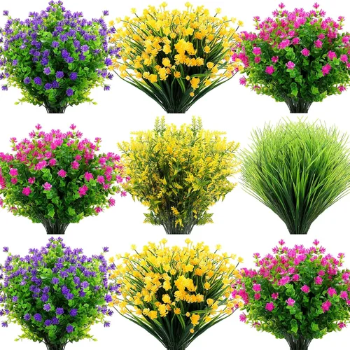 36 paquetes de flores artificiales para exteriores, resistentes a los rayos UV, flores falsas de plástico, arbustos sintéticos, plantas para