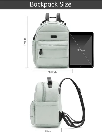 Miniatura 4 de Vividora Mini mochila acolchada para mujer, pequeña mochila acolchada de nailon ligero para viajes diarios, Gris Verde