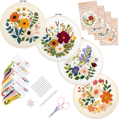 Miniatura 17 de Bonroy 4 juegos de kit de bordado para principiantes de manualidades artísticas de costura fácil incluye ropa de bordado con patrón, aro, manual